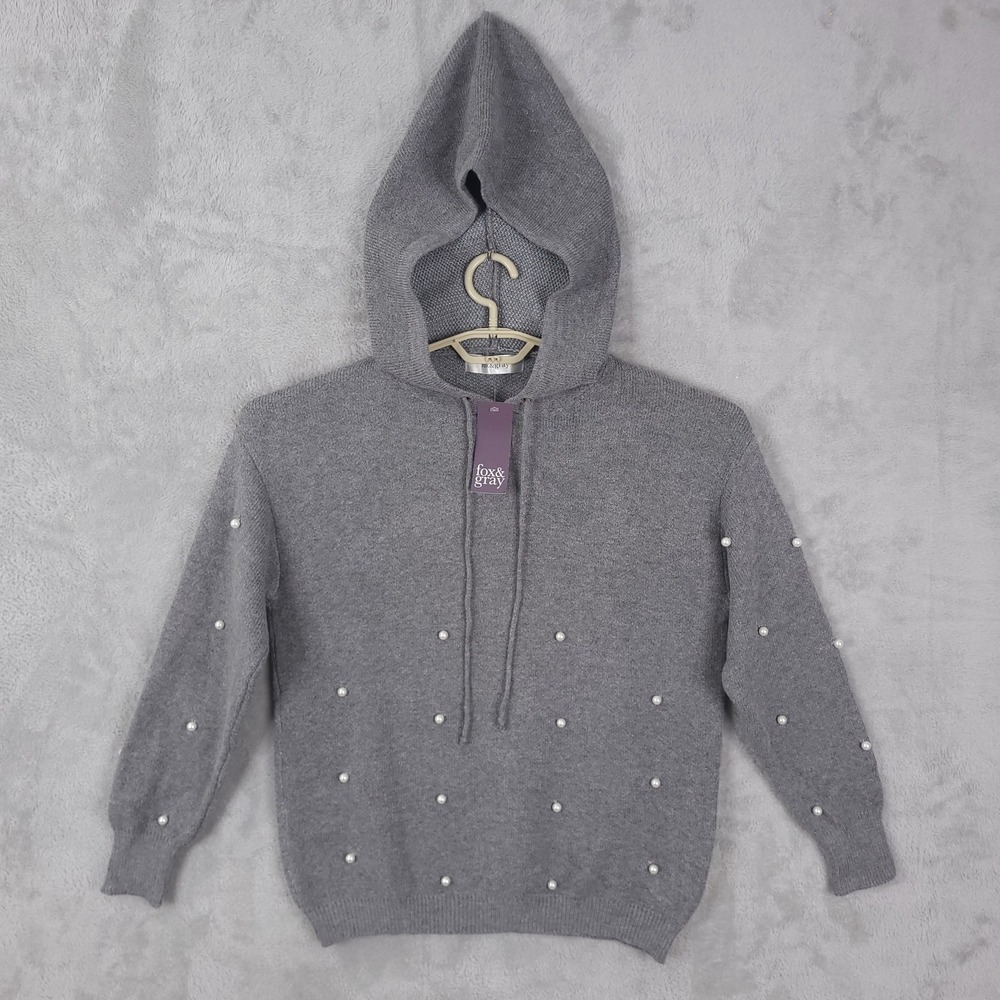 Fox & Gray Womens Sweater 2XL Gray Knit Beaded Pearl Hooded Pullover NEW